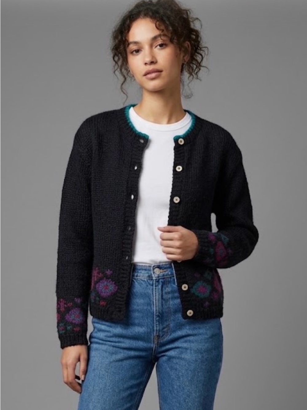 VTG Mohair Blend Fuzzy Cardigan Women Small‎ Black Floral Knit Grandmacore 80’s